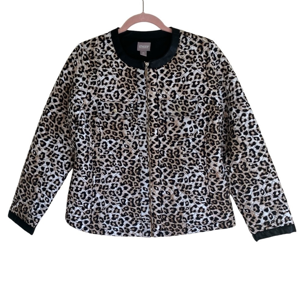 Chico’s Leopard Print Jacket‎ Quilted Fall Jacket Lightweight Zip Up Sz 0 /Small